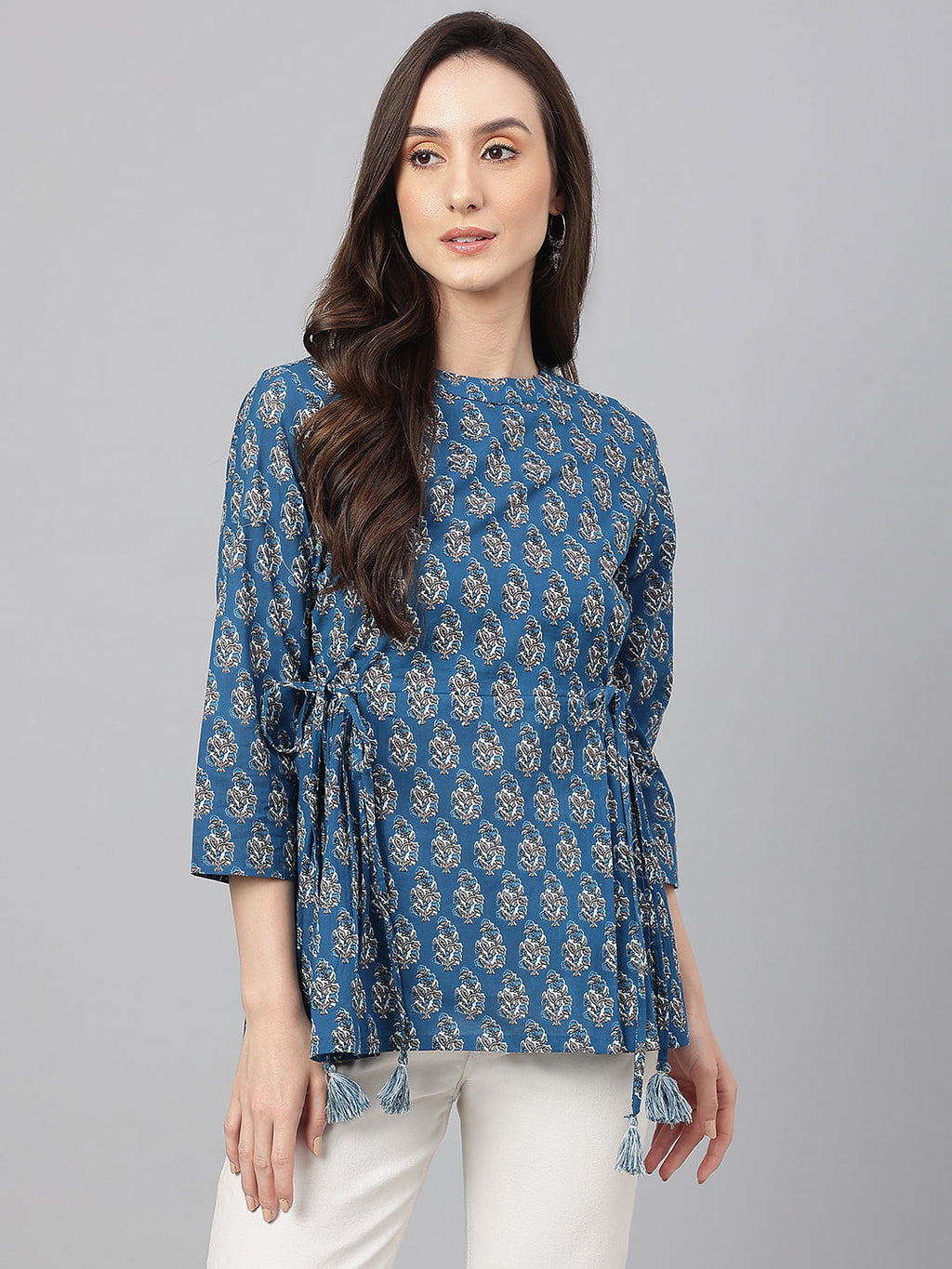Janasya Women's Teal Cotton Floral Print Flared Top | Grocsy