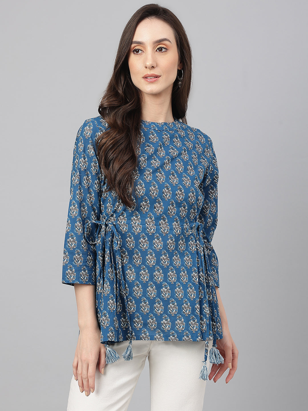 Janasya Women's Teal Cotton Floral Print Flared Top | Grocsy