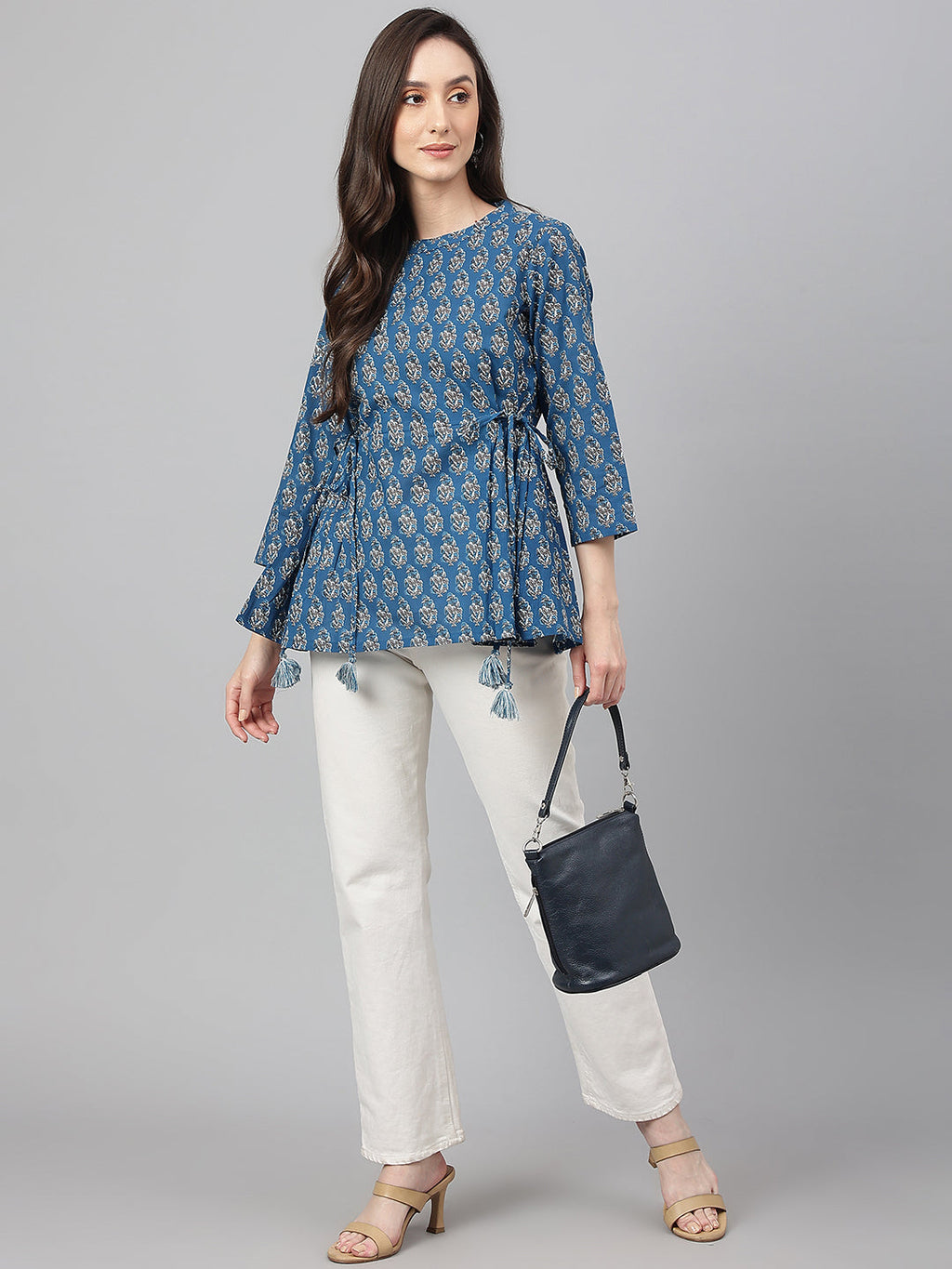 Janasya Women's Teal Cotton Floral Print Flared Top | Grocsy