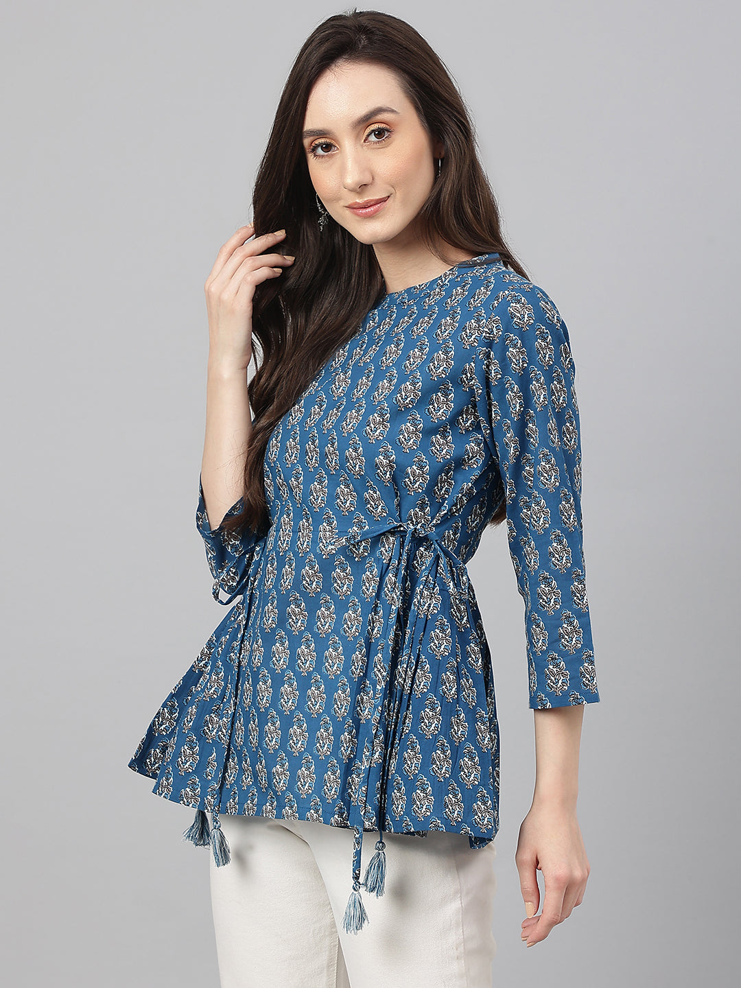 Janasya Women's Teal Cotton Floral Print Flared Top | Grocsy