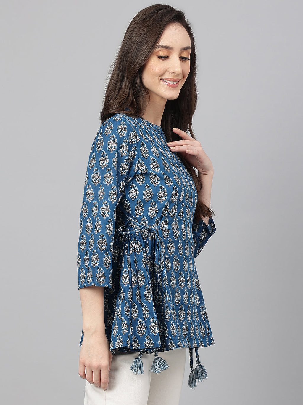 Janasya Women's Teal Cotton Floral Print Flared Top | Grocsy