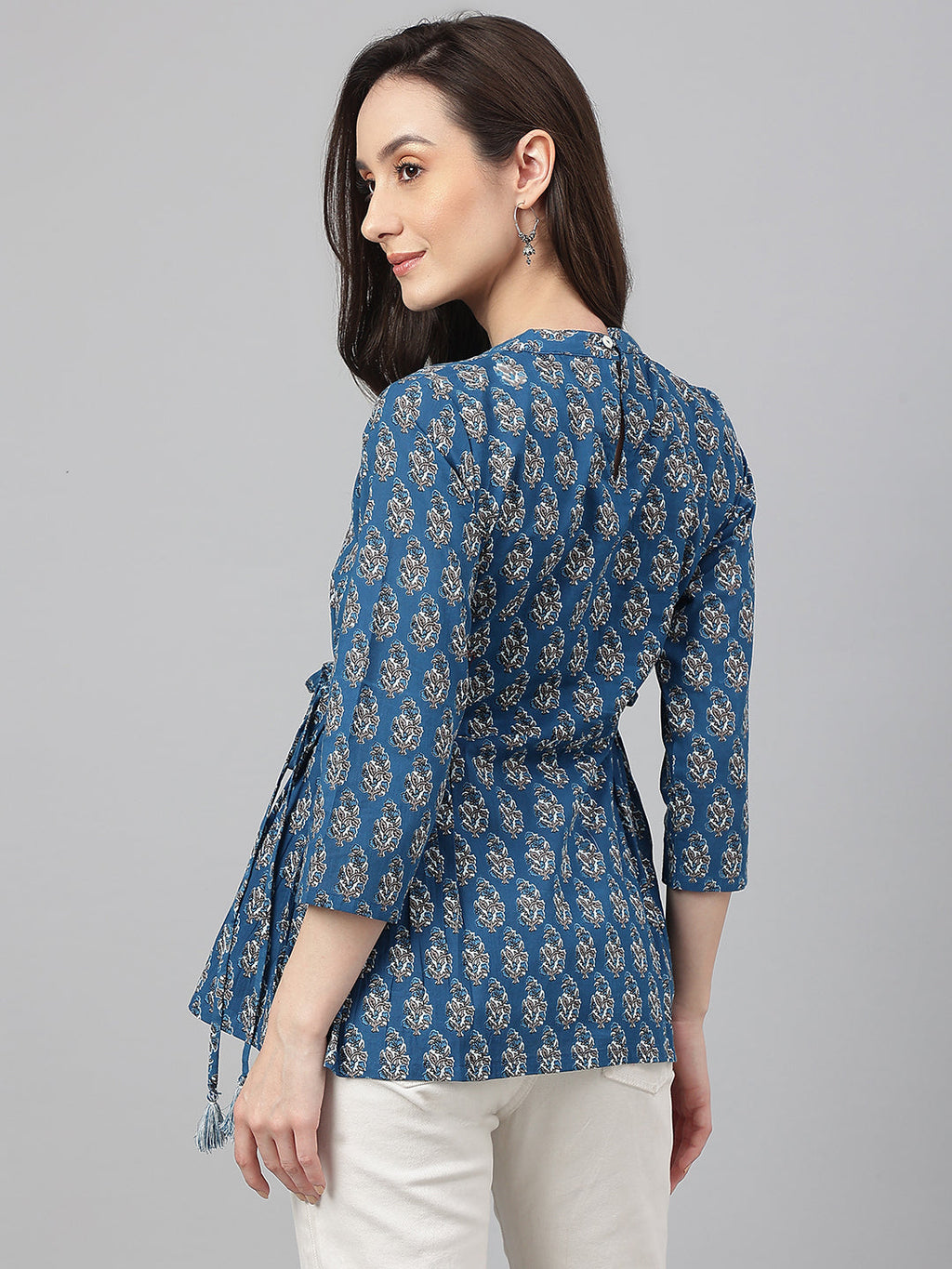 Janasya Women's Teal Cotton Floral Print Flared Top | Grocsy
