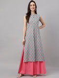 Janasya Women's Aqua Blue Cotton Botanical Printed Casual Straight Kurta | Grocsy