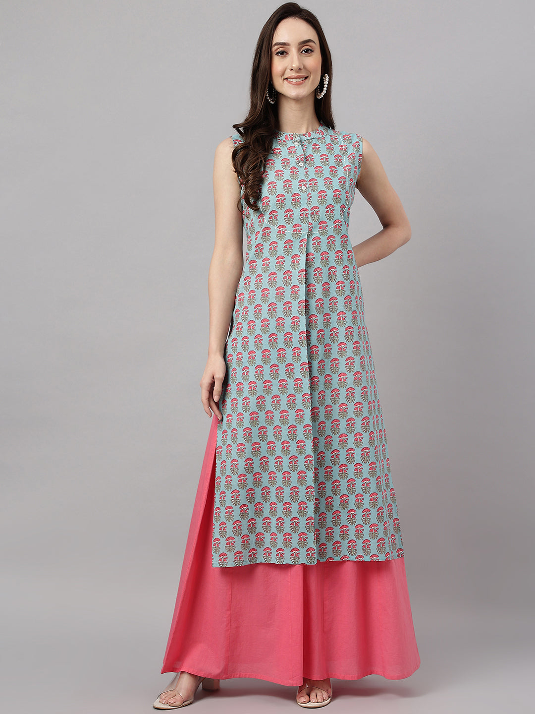 Janasya Women's Aqua Blue Cotton Botanical Printed Casual Straight Kurta | Grocsy