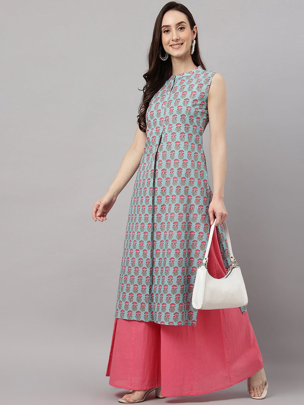 Janasya Women's Aqua Blue Cotton Botanical Printed Casual Straight Kurta | Grocsy