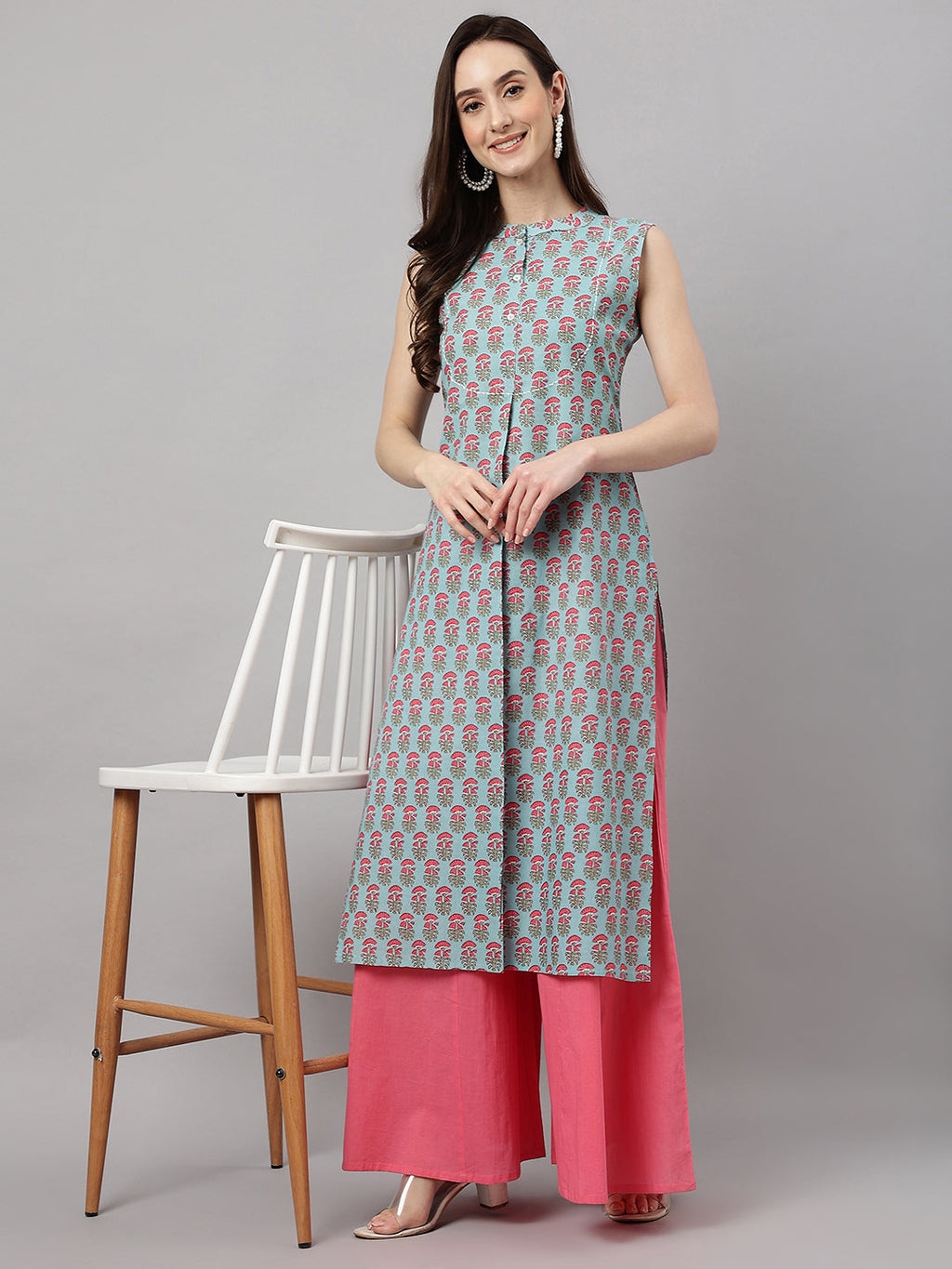 Janasya Women's Aqua Blue Cotton Botanical Printed Casual Straight Kurta | Grocsy