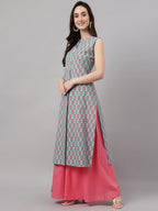 Janasya Women's Aqua Blue Cotton Botanical Printed Casual Straight Kurta | Grocsy