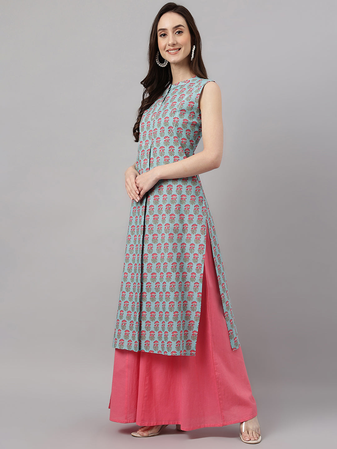 Janasya Women's Aqua Blue Cotton Botanical Printed Casual Straight Kurta | Grocsy