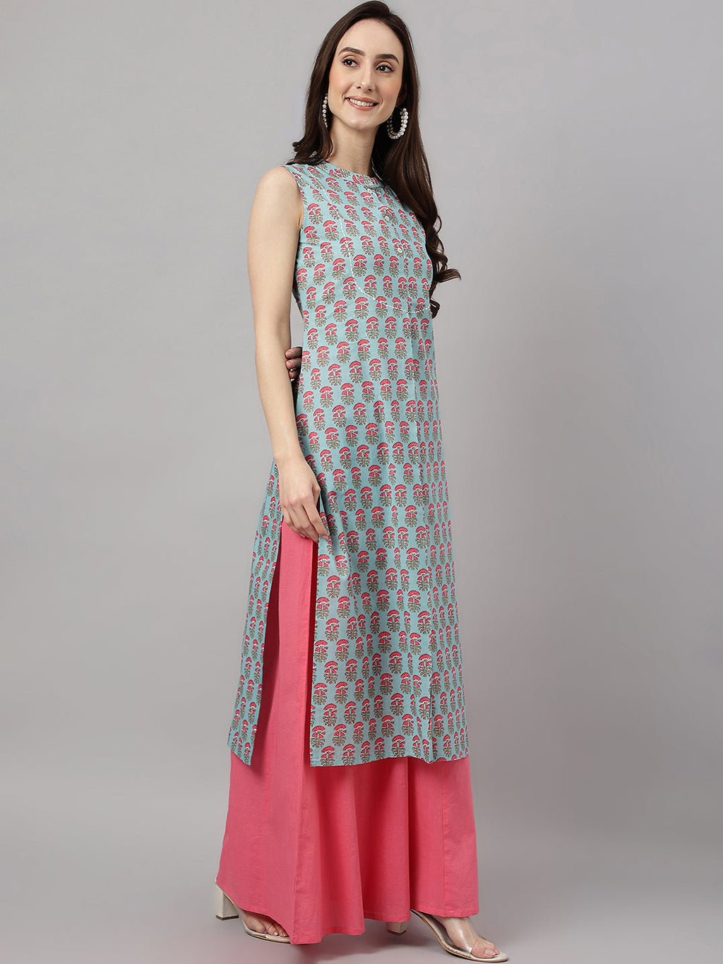 Janasya Women's Aqua Blue Cotton Botanical Printed Casual Straight Kurta | Grocsy