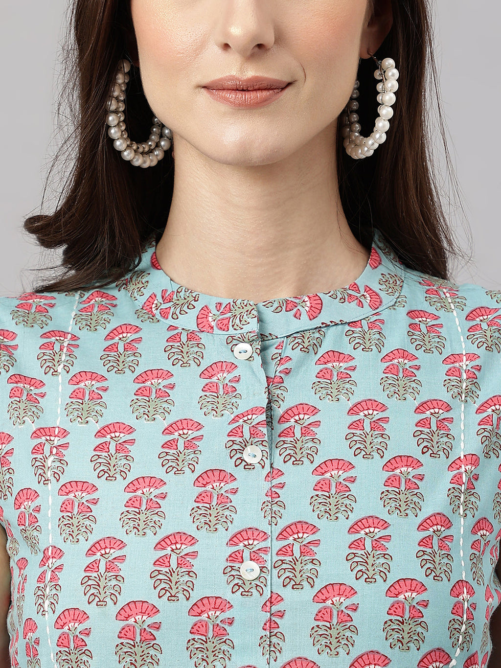 Janasya Women's Aqua Blue Cotton Botanical Printed Casual Straight Kurta | Grocsy