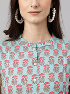 Janasya Women's Aqua Blue Cotton Botanical Printed Casual Straight Kurta | Grocsy
