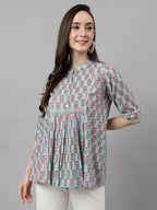 Janasya Women's Aqua Blue Cotton Floral Print A-Line Top | Grocsy