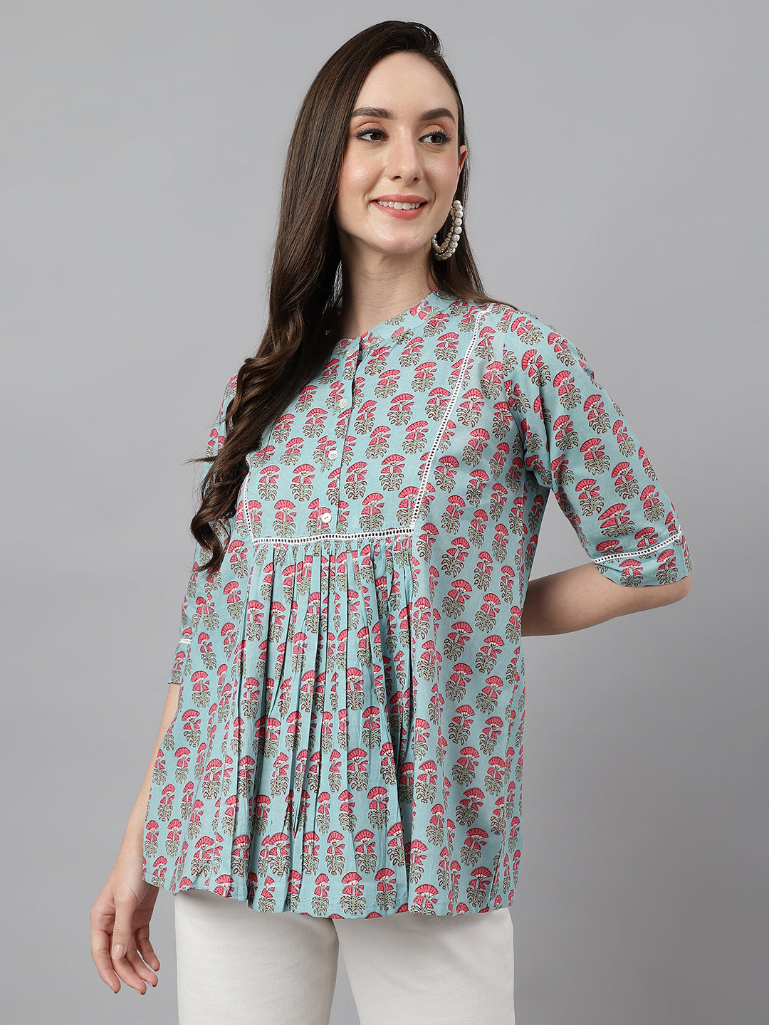Janasya Women's Aqua Blue Cotton Floral Print A-Line Top | Grocsy