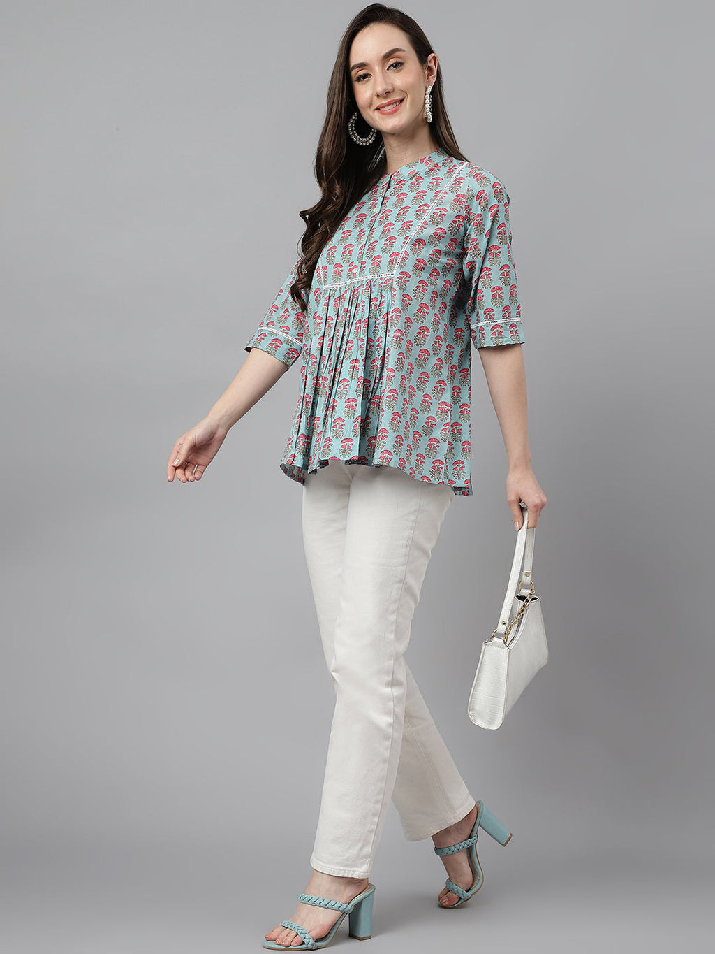 Janasya Women's Aqua Blue Cotton Floral Print A-Line Top | Grocsy