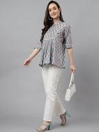 Janasya Women's Aqua Blue Cotton Floral Print A-Line Top | Grocsy