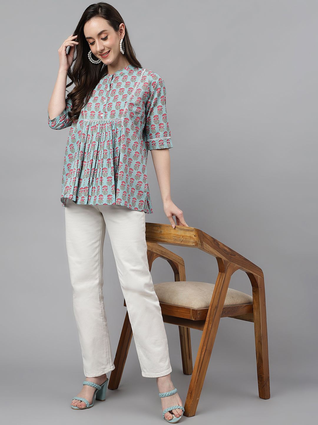 Janasya Women's Aqua Blue Cotton Floral Print A-Line Top | Grocsy