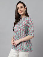 Janasya Women's Aqua Blue Cotton Floral Print A-Line Top | Grocsy