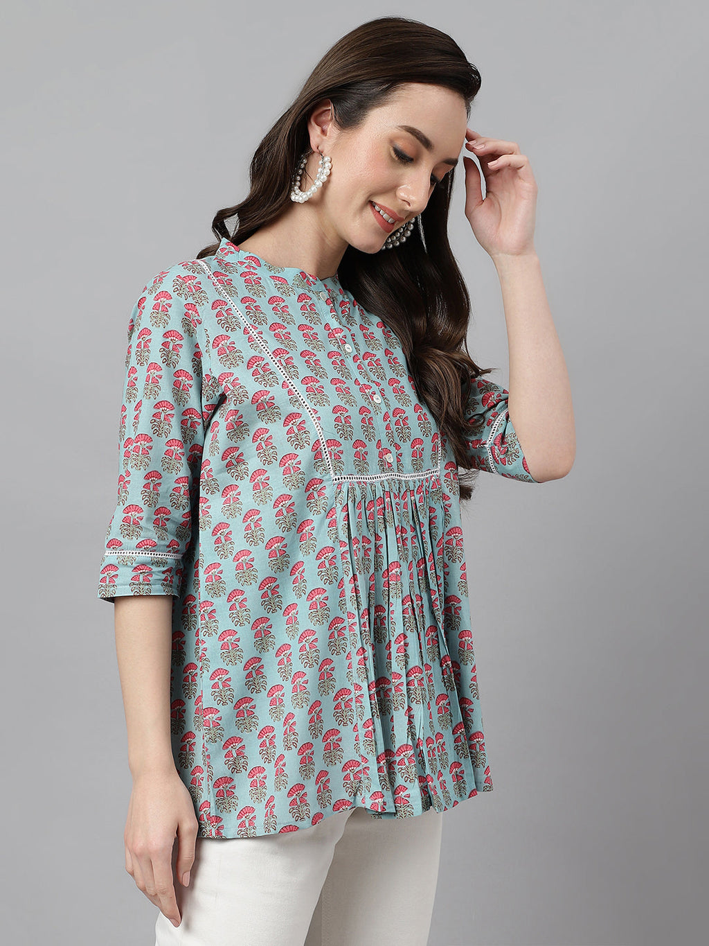 Janasya Women's Aqua Blue Cotton Floral Print A-Line Top | Grocsy