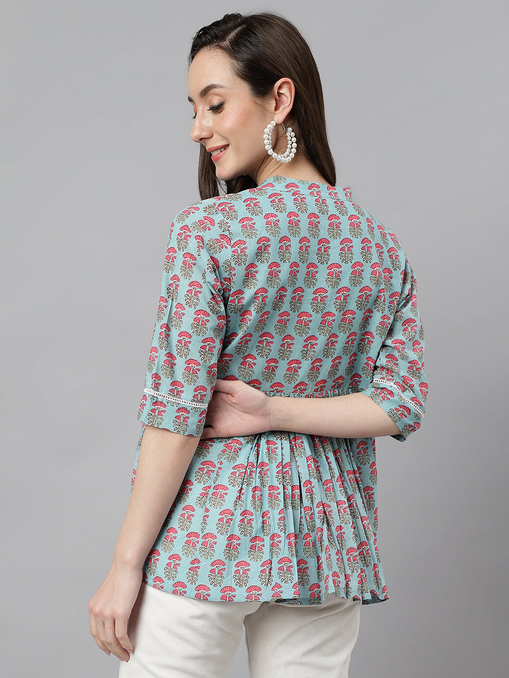Janasya Women's Aqua Blue Cotton Floral Print A-Line Top | Grocsy