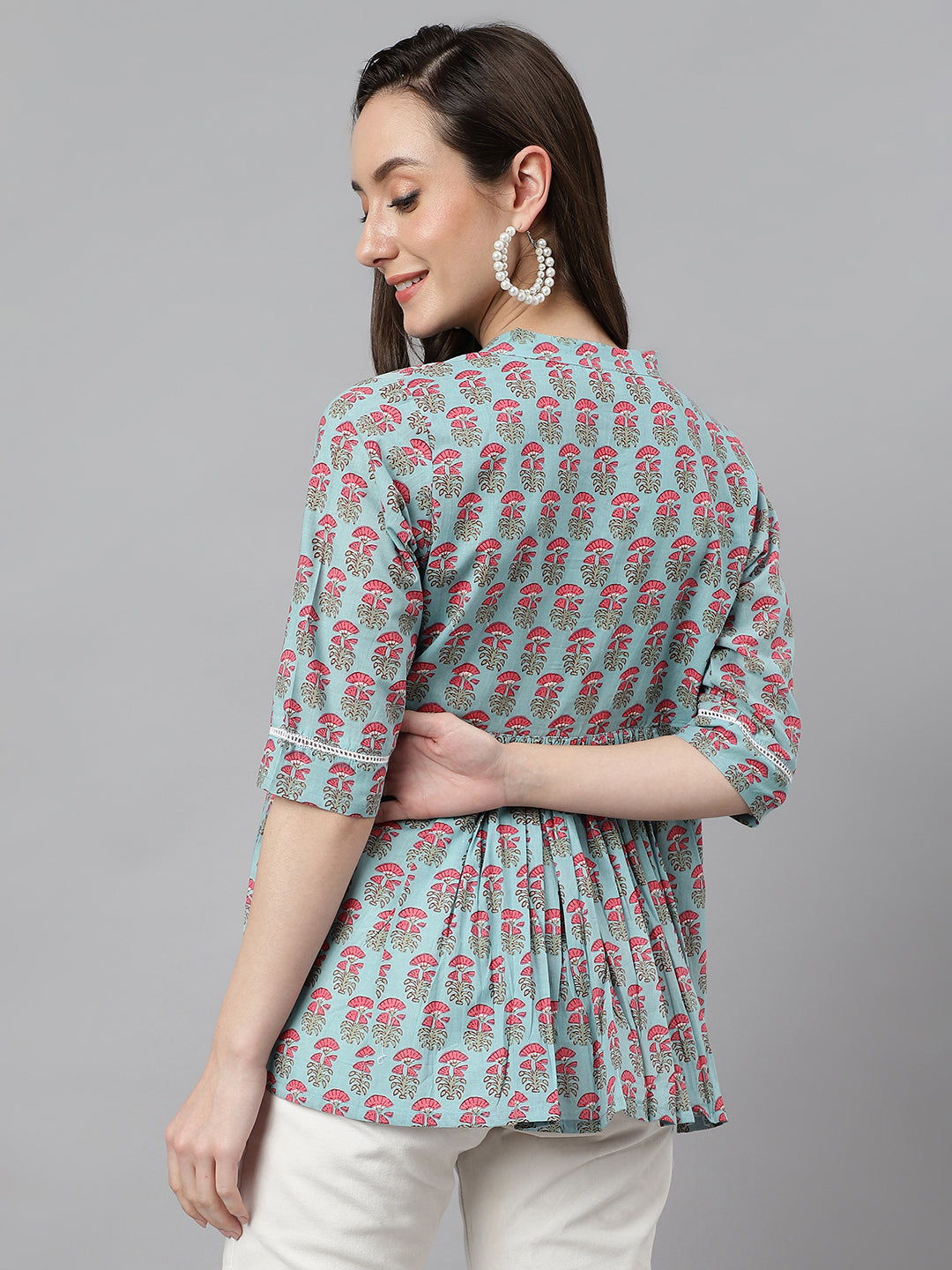 Janasya Women's Aqua Blue Cotton Floral Print A-Line Top | Grocsy