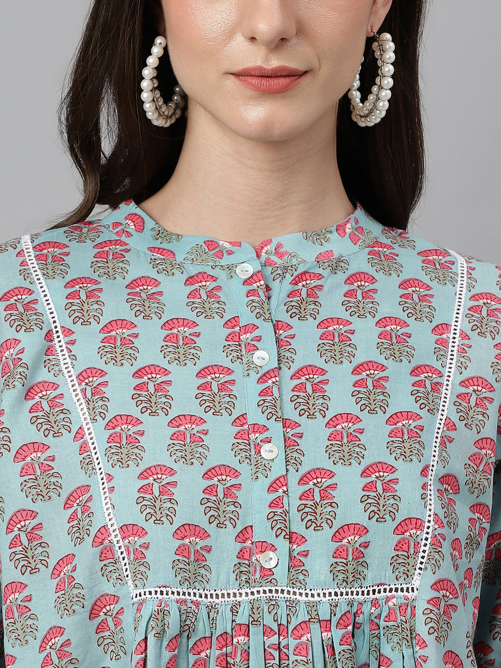 Janasya Women's Aqua Blue Cotton Floral Print A-Line Top | Grocsy