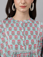 Janasya Women's Aqua Blue Cotton Floral Print A-Line Top | Grocsy