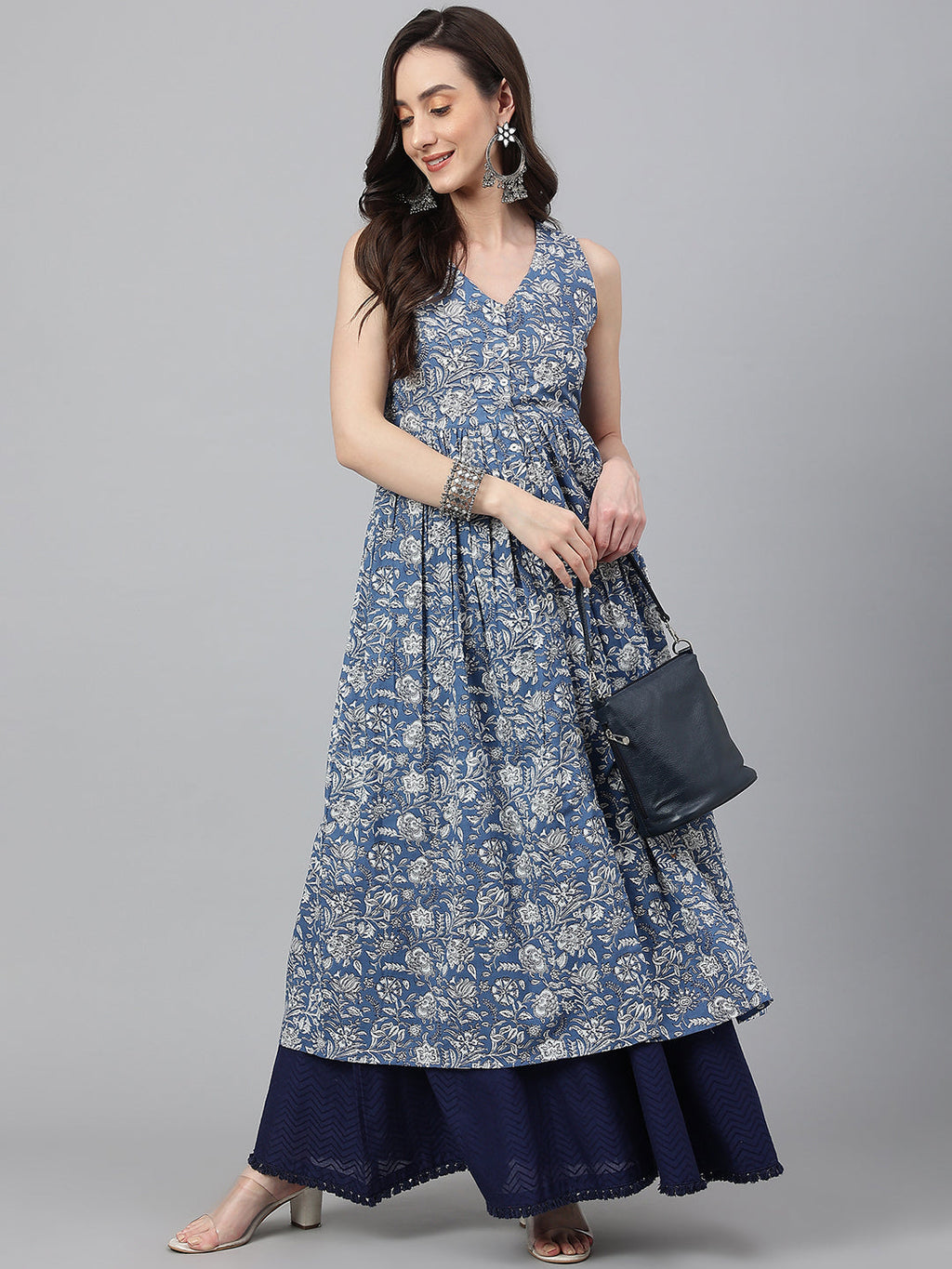 Janasya Women's Blue Cotton Floral Printed Casual Flared Kurta | Grocsy