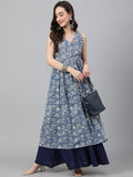Janasya Women's Blue Cotton Floral Printed Casual Flared Kurta | Grocsy