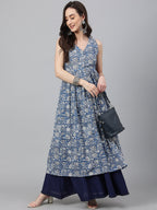 Janasya Women's Blue Cotton Floral Printed Casual Flared Kurta | Grocsy