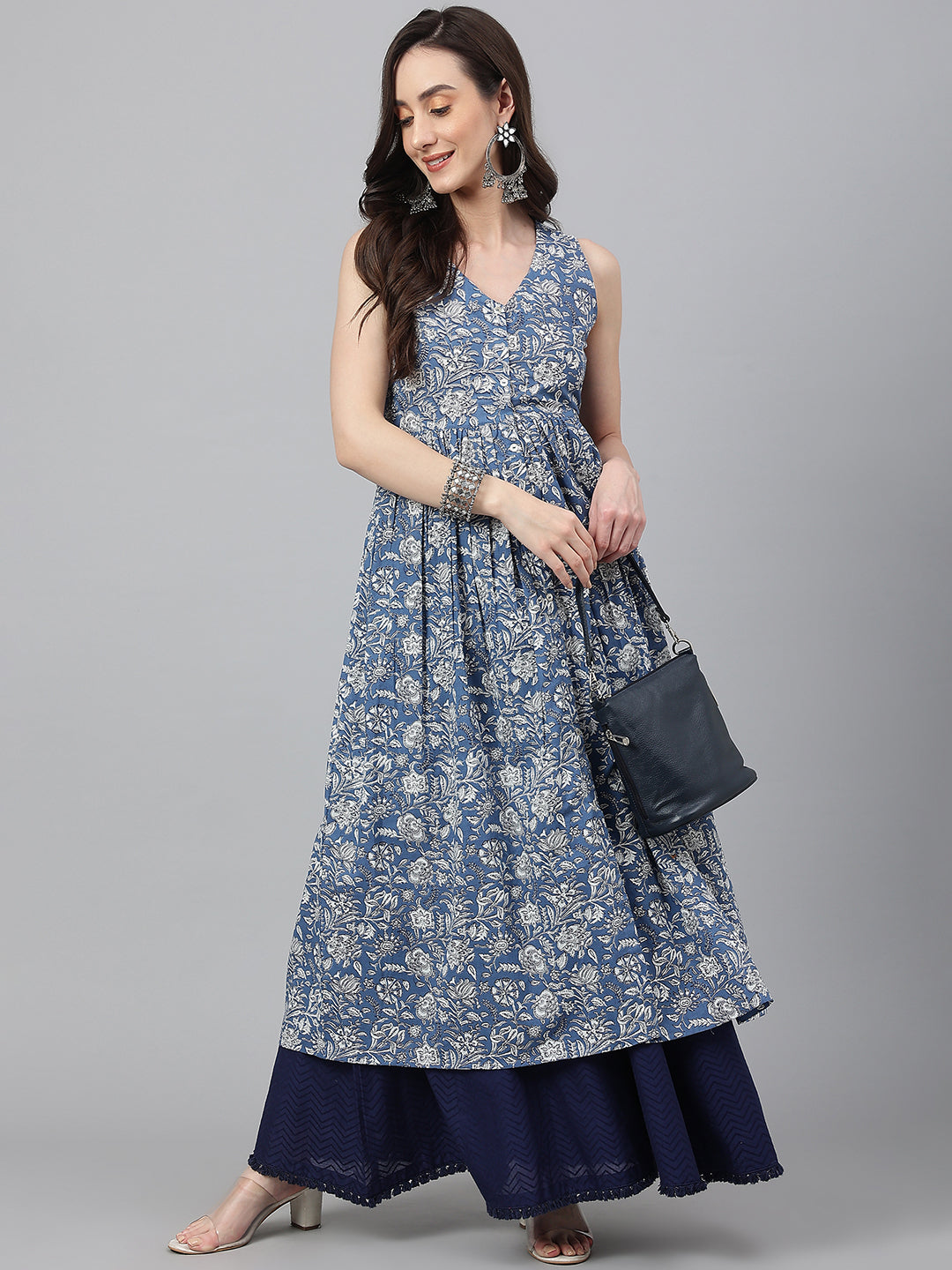 Janasya Women's Blue Cotton Floral Printed Casual Flared Kurta | Grocsy