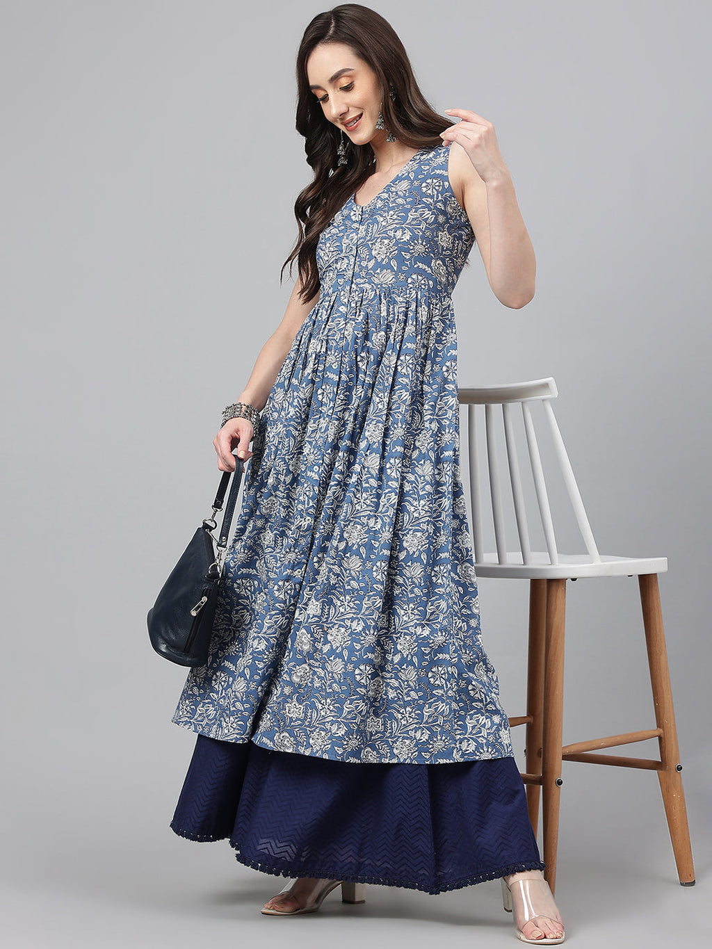 Janasya Women's Blue Cotton Floral Printed Casual Flared Kurta | Grocsy