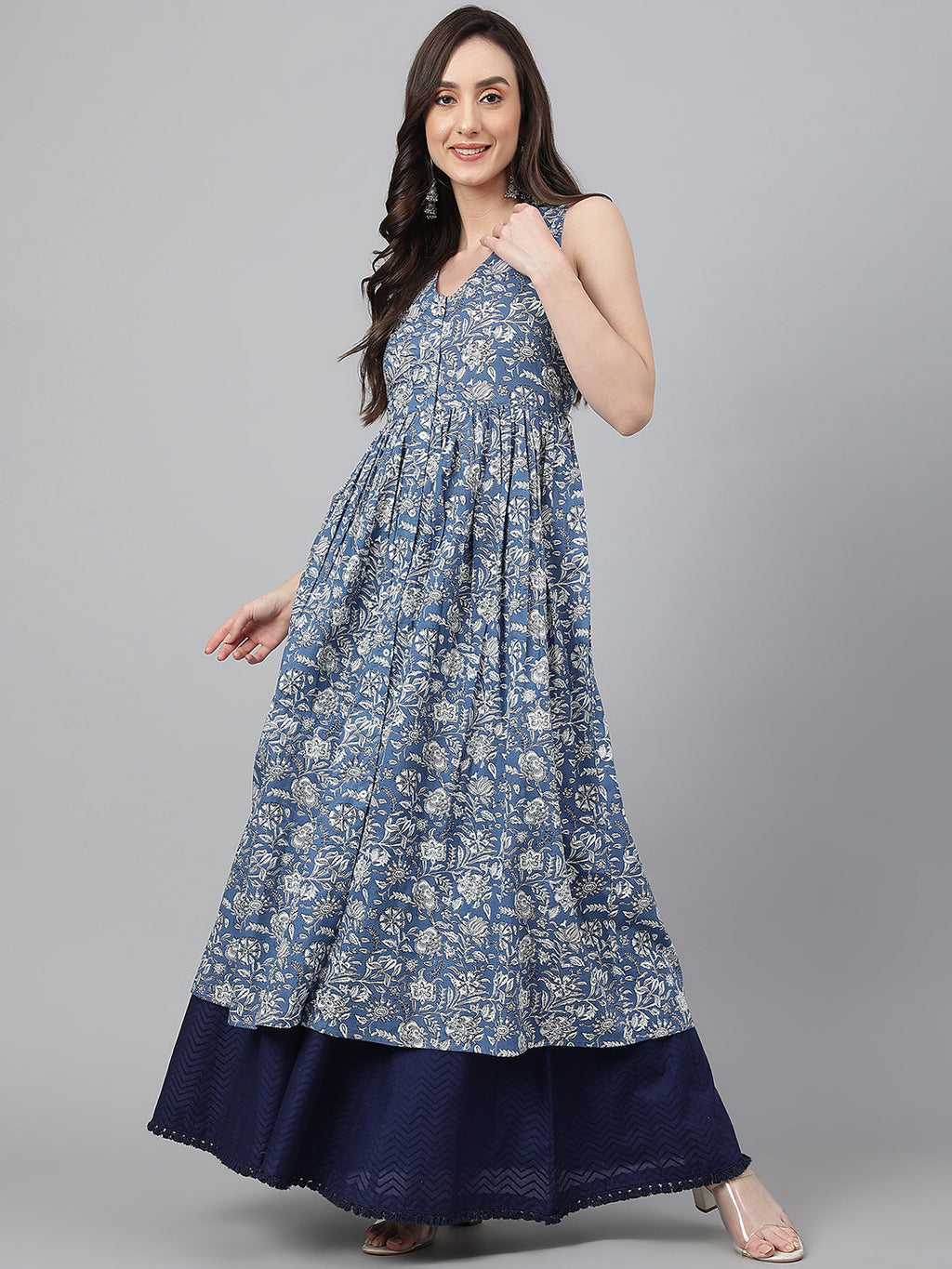 Janasya Women's Blue Cotton Floral Printed Casual Flared Kurta | Grocsy