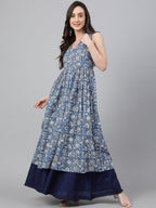 Janasya Women's Blue Cotton Floral Printed Casual Flared Kurta | Grocsy