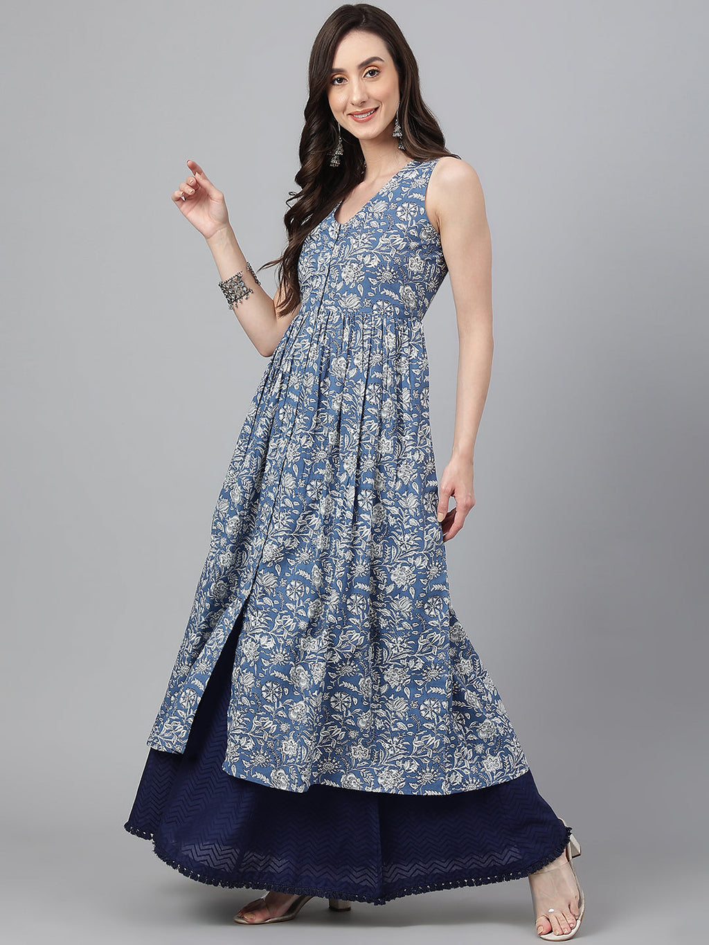 Janasya Women's Blue Cotton Floral Printed Casual Flared Kurta | Grocsy