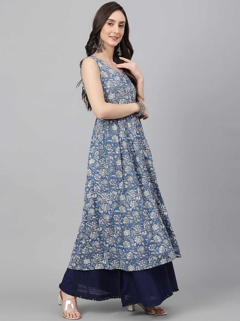 Janasya Women's Blue Cotton Floral Printed Casual Flared Kurta | Grocsy