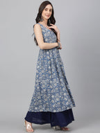 Janasya Women's Blue Cotton Floral Printed Casual Flared Kurta | Grocsy