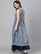 Janasya Women's Blue Cotton Floral Printed Casual Flared Kurta | Grocsy