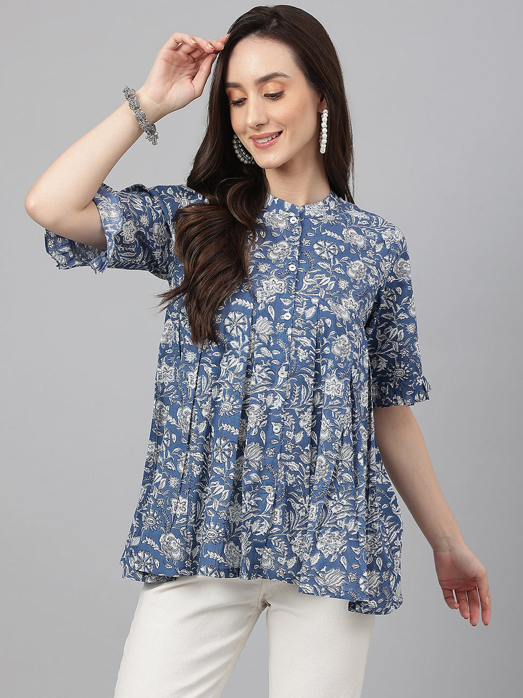 Janasya Women's Blue Cotton Floral Print Flared Top | Grocsy