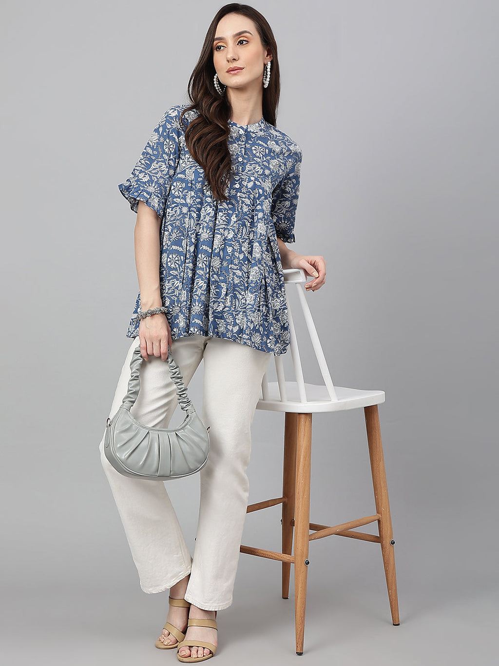 Janasya Women's Blue Cotton Floral Print Flared Top | Grocsy