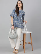 Janasya Women's Blue Cotton Floral Print Flared Top | Grocsy