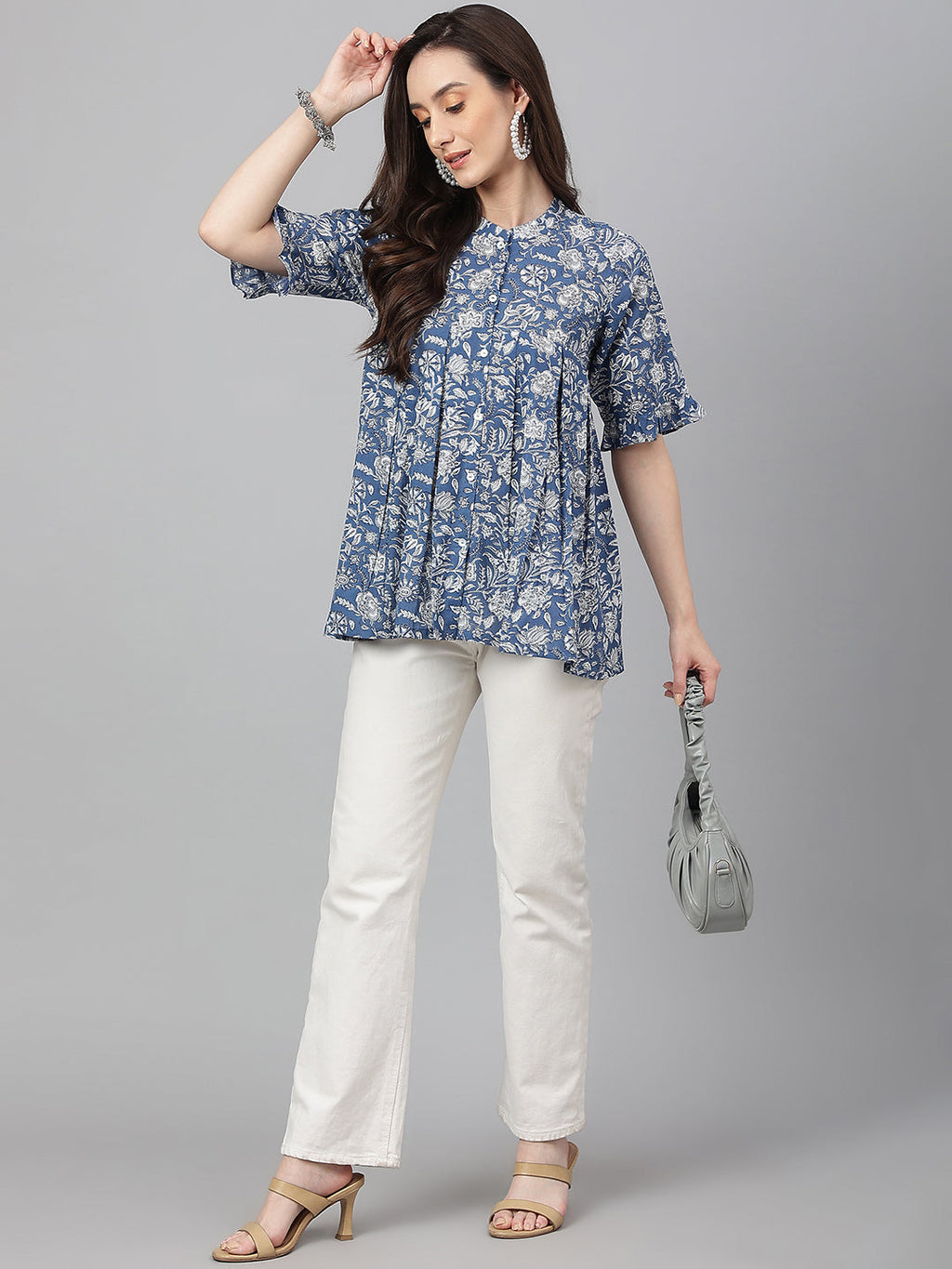 Janasya Women's Blue Cotton Floral Print Flared Top | Grocsy