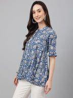Janasya Women's Blue Cotton Floral Print Flared Top | Grocsy