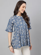Janasya Women's Blue Cotton Floral Print Flared Top | Grocsy