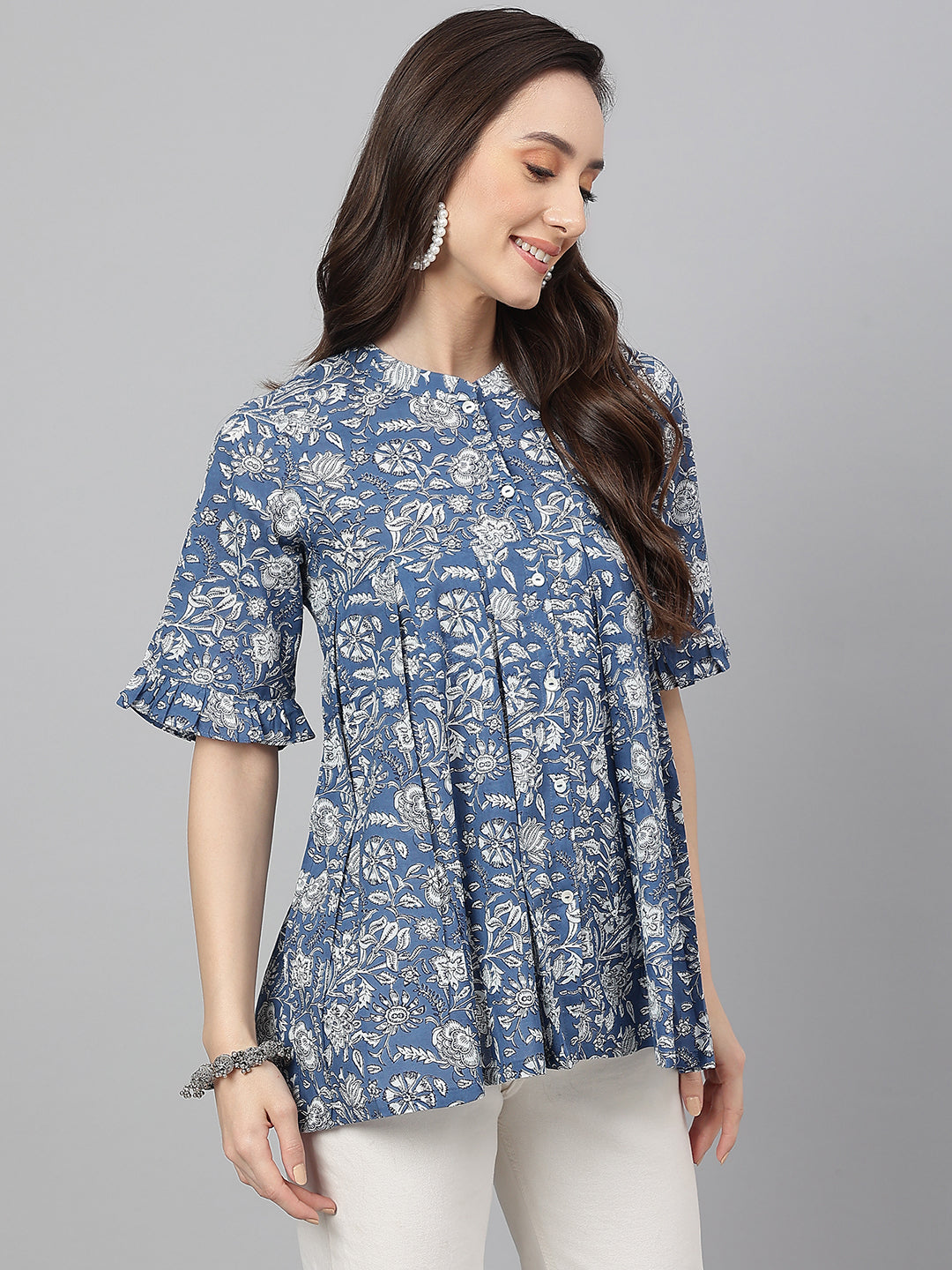 Janasya Women's Blue Cotton Floral Print Flared Top | Grocsy