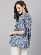Janasya Women's Blue Cotton Floral Print Flared Top | Grocsy