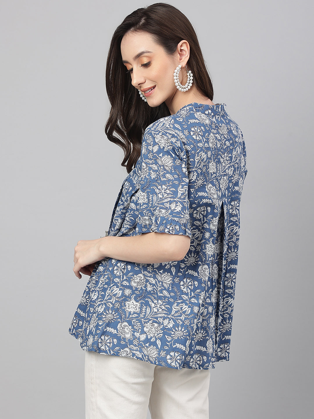 Janasya Women's Blue Cotton Floral Print Flared Top | Grocsy