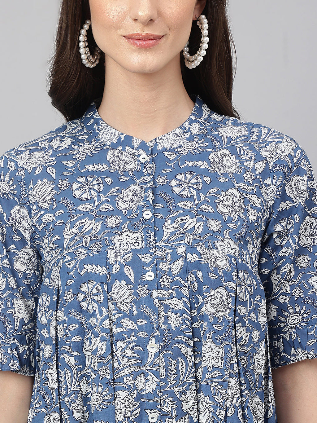 Janasya Women's Blue Cotton Floral Print Flared Top | Grocsy