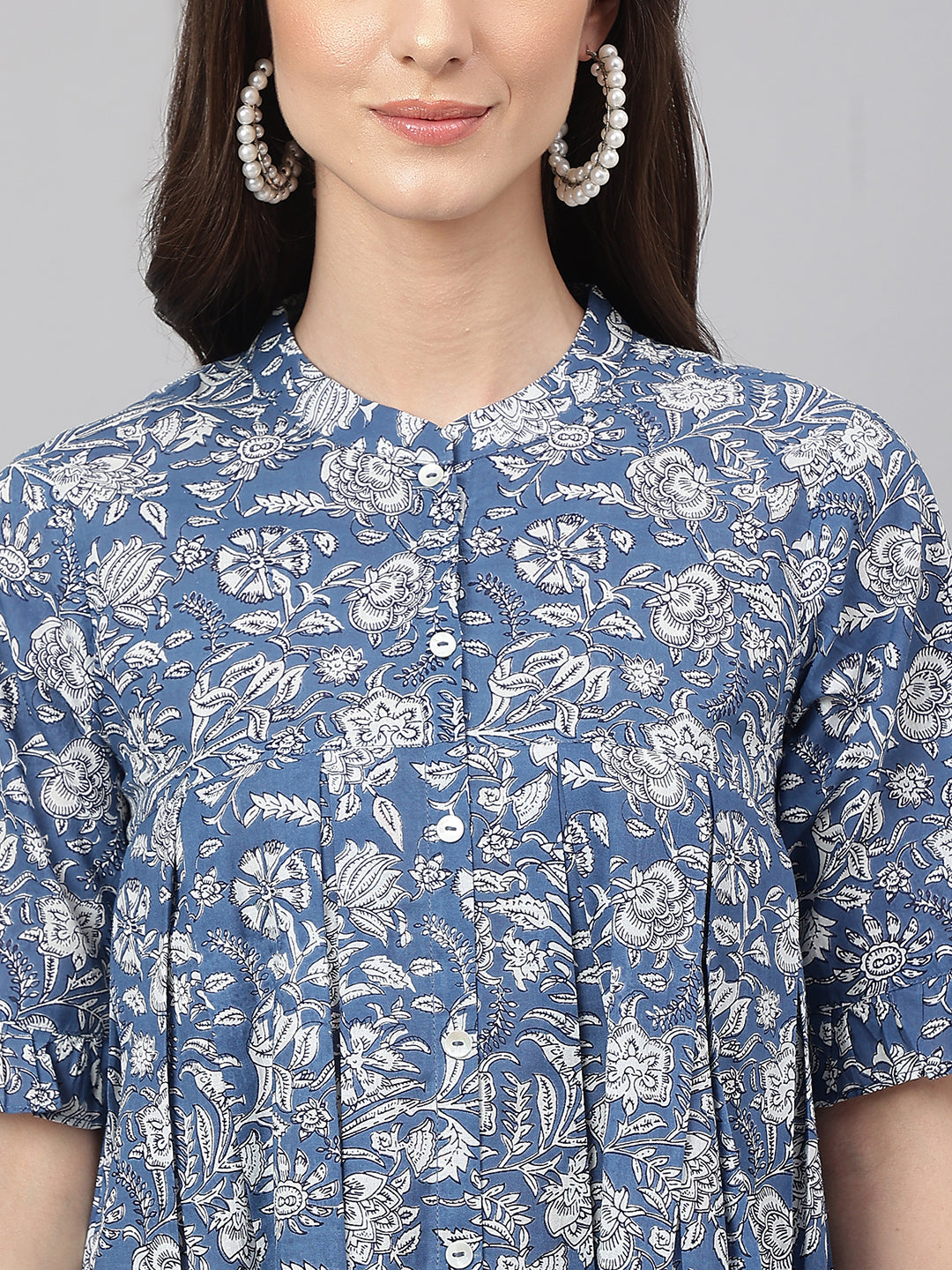 Janasya Women's Blue Cotton Floral Print Flared Top | Grocsy