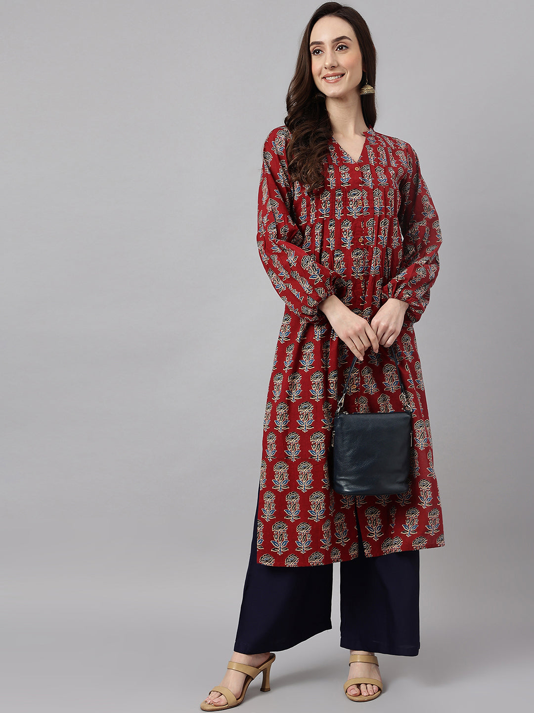 Janasya Women's Maroon Cotton Floral Printed Casual Flared Kurta | Grocsy