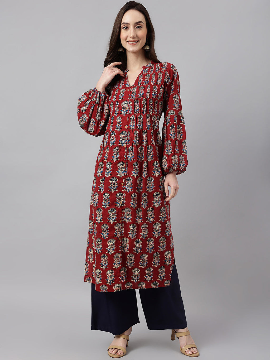 Janasya Women's Maroon Cotton Floral Printed Casual Flared Kurta | Grocsy